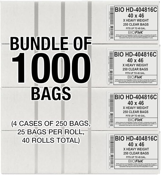 Aluf Plastics 45 Gallon Clear Trash Bags (1000 Count) With BioFlex Technology - 40 x 48 - 16 Micron Equivalent High Density Garbage Bags