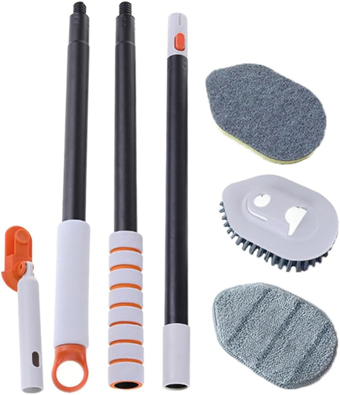 FRCOLOR Multi-Function Bathroom Floor Scrubber Brush Set with Extendable Handle Hard Bristle Tile Grout Brush and Replaceable Cleaning Cloth Head for Household Floor and Shower Cleaning