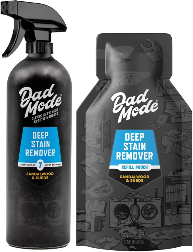 DadMode Laundry Stain Remover | 7-Enzyme Spray for Deep Aged Set-In Clothing Stains | Enzyme Booster Cleans Bodily Fluids Oil Wine Turmeric | Sandalwood &amp Suede | 16oz Bottle + Refill Pouch