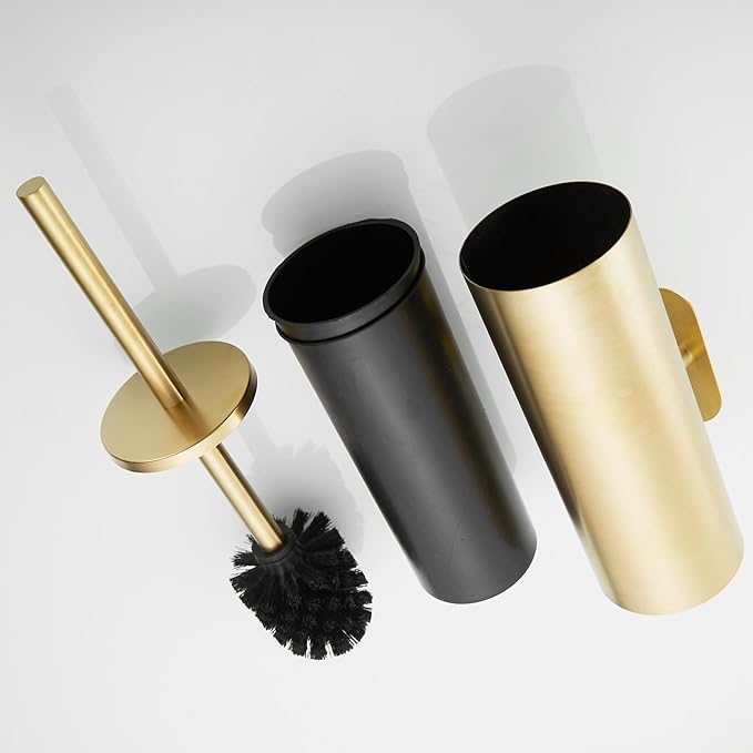 AIREMOEN 1PCS Brushed Gold Stud Free Toilet Brush and Holder Set 304 Stainless Steel Handle Toilet Brush Holder Toilet Brush and Plunger Set Bathroom Wall-Mounted Compact Toilet Brush Holder
