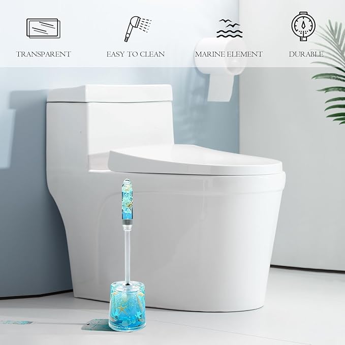 FONMY Toilet Brush and Holder Acrylic with Nature SeashellCompact Size Toilet Bowl Brush with Plastic Handle Easy to Hide Drip-ProofSpace Saving for StorageEasy to AssembleDeep Cleaning (Blue)