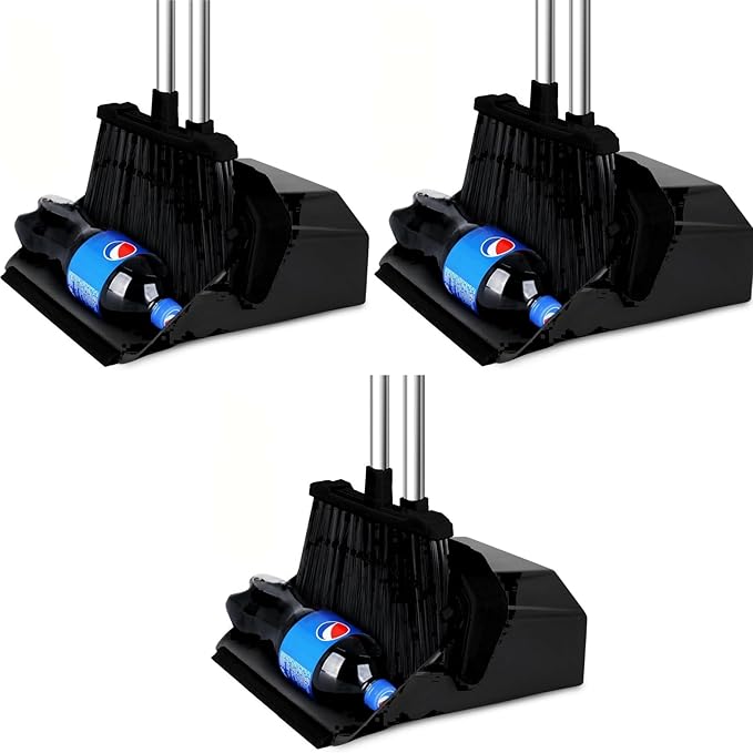 Commercial Broom and Dustpan Set 3-Pack Broom with Dustpan Combo Set Industrial Brooms and Dustpans Sets 51 inch Long Handle Large Brooms and Dust Pan for Hall Lobby Office Garage - Black
