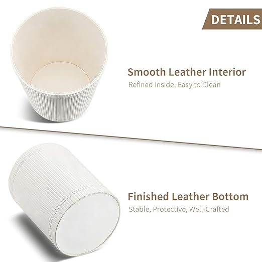 GORESE Pu Leather Trash Can 2.6 Gallon Wastebasket Small Wastepaper Basket for Office Bedroom Living Room Round Trash Bin Home Decor Cream White