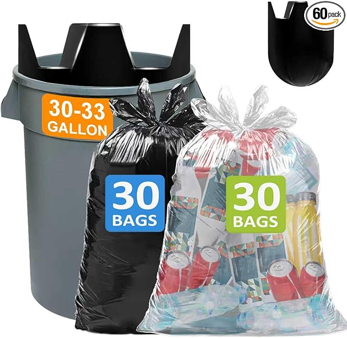 30-33 Gallon 1.2 Mil Heavy Duty Trash Bags 60 Count with 4 Innovative Flap Ties | Compatible with Rubbermaid Brute &amp Winco &amp Behrens 30-33 Gallon Round Trash Can Black 30 Count &amp Clear 30