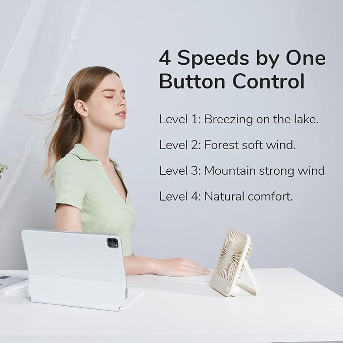 JISULIFE Desk Fan Battery Rechargeable 4500mAh 180°Foldable Portable Personal Fan 4 Speeds Adjustable Long Battery-life for Home Office Travel Outdoor Gifts for Women Men-Brown