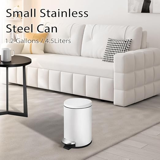 TIPGO Small Trash Can with Lid Soft Close 4.5 Liters / 1.2 Gallon Bathroom Garbage Can Mini Step Trash Bin Stainless Steel Wastebasket for Bathroom Bedroom Office (White)