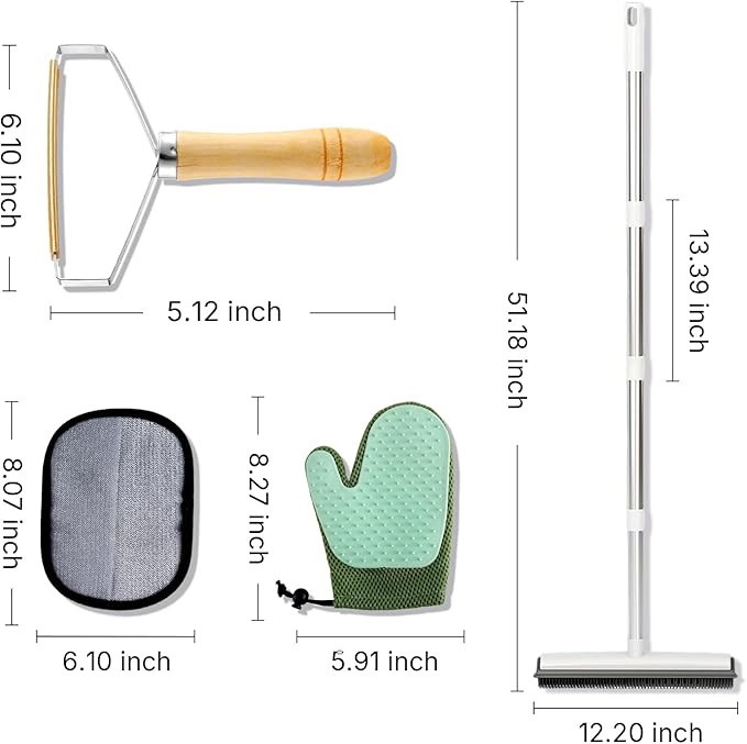 Carpet Rake for Pet Hair Removal 4 in 1 Reusable Pet Hair Removal Tool Kit 50'' Adjustable Long Handle Dog &amp Cat Hair Remover Broom with Handle &amp 2 Pets Hair Removal Gloves for Carpets Rugs