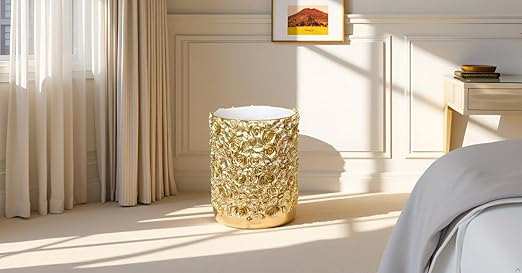 Decorative Glod Trash Can Elegant Resin Carved Waste Basket 8x10 Trash Bin Decor Rose Floral Garbage Can for Office BathroomBedroomLivingroom 8L/2.2Gallon(Gold)