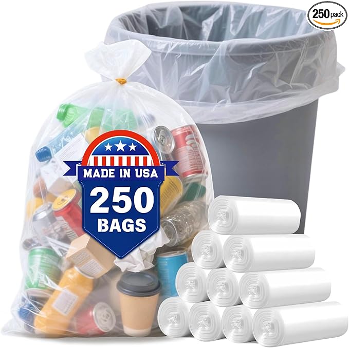30 33 35 Gallon Clear Trash Bags 250 Count High Density Garbage Bags Made in USA Recycling Trash Can Liners Puncture-Resistant Plastic Waste Bags for Kitchens Yards Offices Commercial