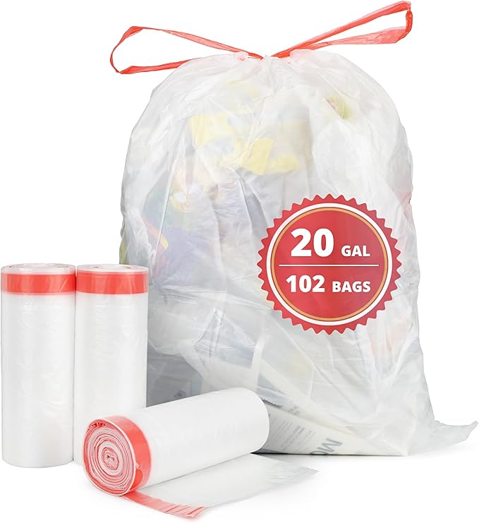 20 Gallon Trash Bags Fit 20-21 Gal Extra Strong Large Garbage Bags w/Drawstring (102 Count) Heavy Duty Plastic Trash Liners for Kitchen Commercial Office Lawn Clear