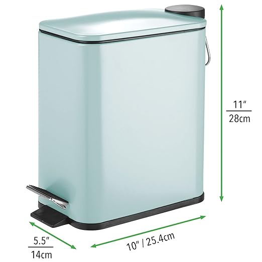 mDesign Slim Metal Rectangle 1.3 Gallon/5 Liter Trash Can with Step Pedal Easy-Close Lid Removable Liner - Narrow Wastebasket Garbage Container Bin for Bathroom Bedroom Kitchen - Matte Mint Green