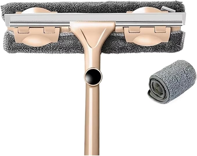 Household Telescopic Window Cleaning Tool with Long Handle Brush Glass Washer Mop for Indoor Cleaner(Khaki 1 mop 2 Cloth)