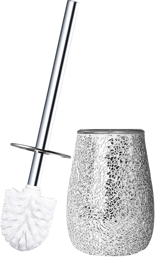 Escenzy Modern Toilet Brush and Holder Set Mosaic Glass | Non-Rustic Stainless Steel | Practical &amp Decorative Toilet Bowl Brush and Holder | Luxury Silver Glitter Bathroom Accessories