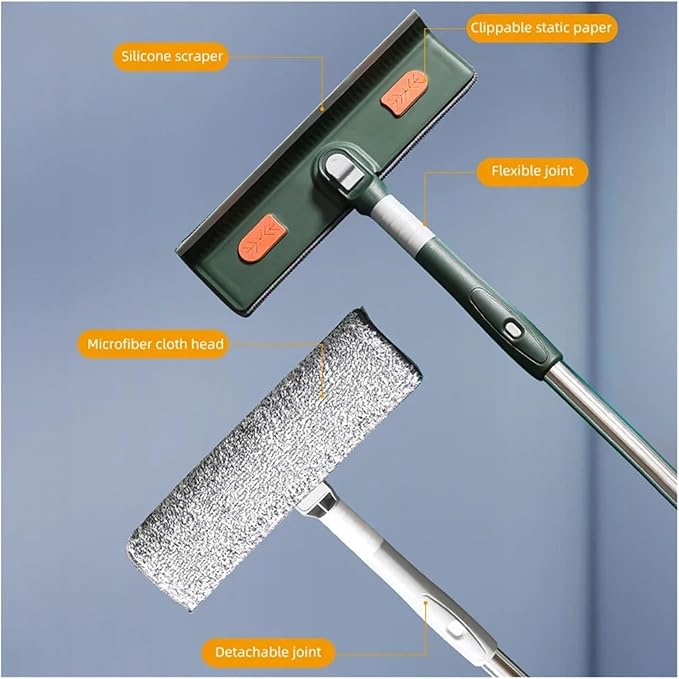Adjustable Long Reach Window Cleaning Tool (72–226 cm) – Glass Cleaner Mop with Silicone Scraper and Brush for Household Use(144cm Green Set)