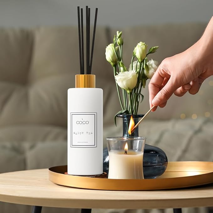 COCO by Stone 5oz Reed Diffuser (White Tea) – Luxury Scented Oil Diffuser for Home Aromatherapy Long-Lasting Vegan Fragrance Elegant Home Décor and Air Freshener