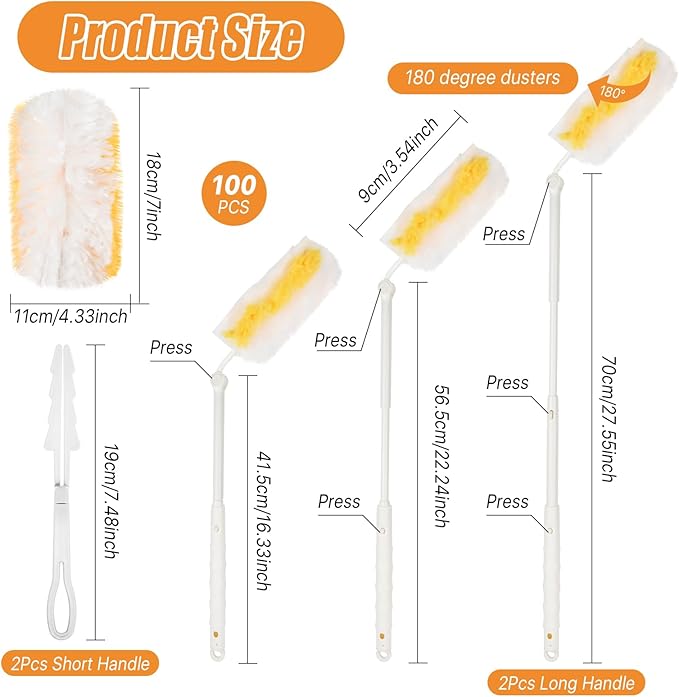 100 Pcs Duster Refills Bulk Thickened Duster Refill Electrostatic Duster Head Duster Refills for Cleaning with 2 Long Handles 2 Short Handles Disposable Duster Refills for Blinds(Yellow)