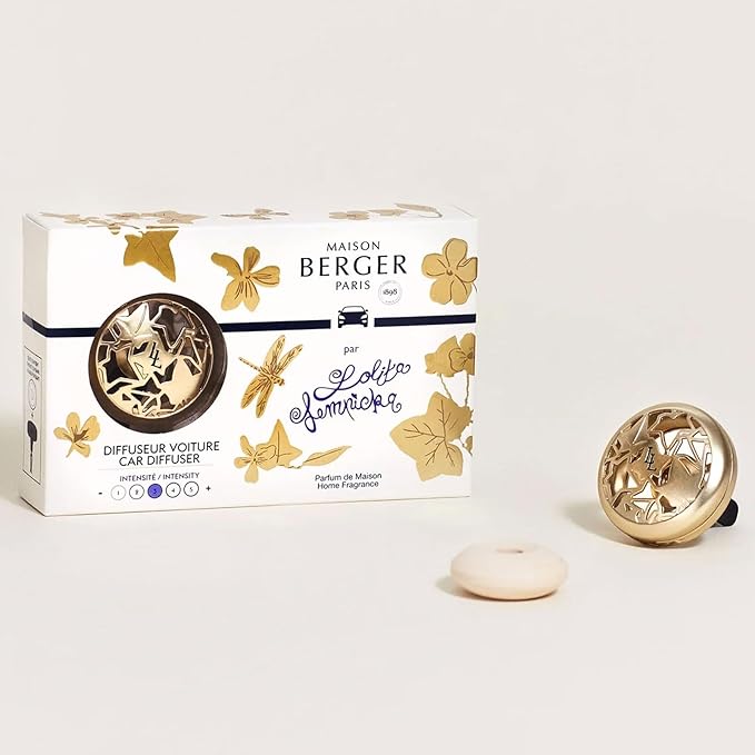 Maison Berger Car Diffuser Set – Refillable Vent Clip Ceramic Refill Made in France - Luxury Auto Scent - 4-Week Diffusion - Elegant Air Freshener for All Car Vents (Lolita Lempicka Satin Gold)