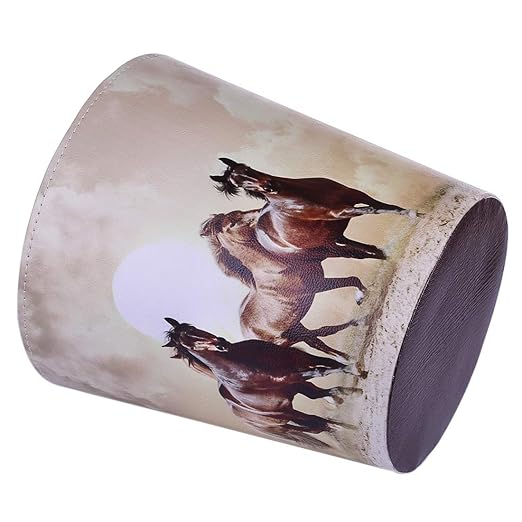10L/2.64 Gallon PU Leather Trash Can Waterproof Decorative Paper Basket for Bedroom Bathroom - (Horse Pattern A)