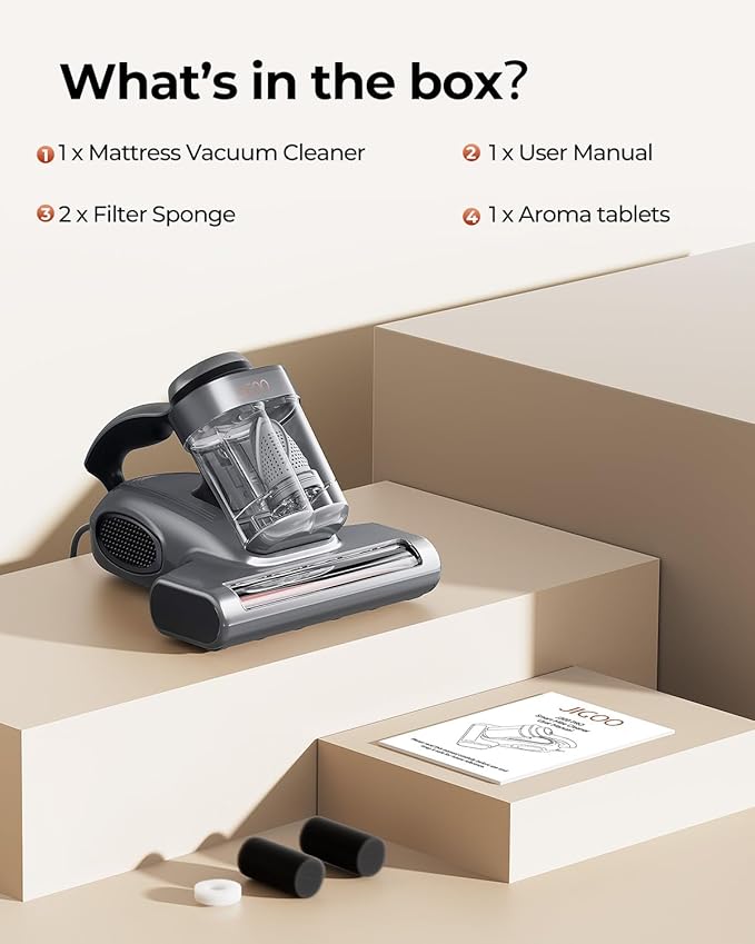 JIGOO J300 Pro Matture Vacuum Cleaner with 14Kpa 550W Powerful Suction Infrared UV &amp Heating Tech for Deep Cleaning Anti-Allergen Bed Vacuum with Dust Sensor &amp Plant Fragrance for Bed Sofa