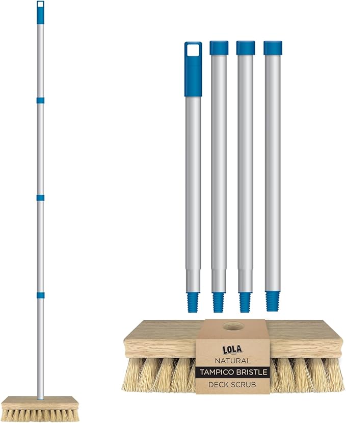 LOLA Deck Scrub Brush 9 x 3.5 Head w/Tampico Bristles for Outdoor Cleaning Removes Dirt &amp Grime from Patios Decks Grout 1 Count