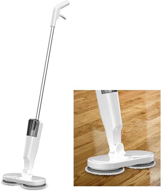Electric Mop Cordless Rechargeable Lightweight Electric Spin Mop with Water Sprayer Rotatable Mop Head for Hardwood Tile Laminate Floors ABS Metal 44.2 Inch (White)