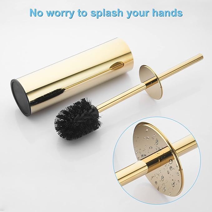 Toilet Brush and Holder Set Gold Stainless Steel 304 Heavy Duty Round Toilet Brush Set – Rust Resistant Long Handle Replacement Heads Floor Standing Bathroom Toilet Cleaning Brush