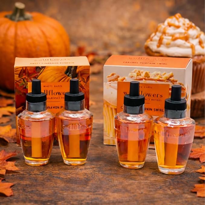 Bath &amp Body Works Sweet Cinnamon Pumpkin &amp Caramel Pumpkin Swirl – Fall Collections – 2-piece gift set with 30-inch Autumn Plaid Ribbon Bow – 0.8 fl oz each