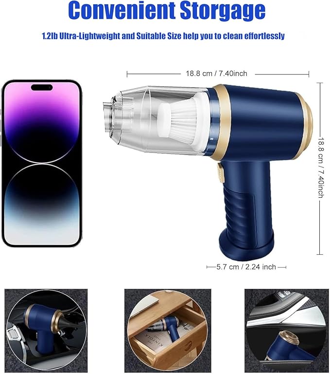 Car Vacuum Cleaner Cordless 120W high Power Portable Mini Vacuum with 12000Pa Hand Held Vacuum Strong Suction Electric Compressed Air Duster Blower for Car Desk Keyboard Home