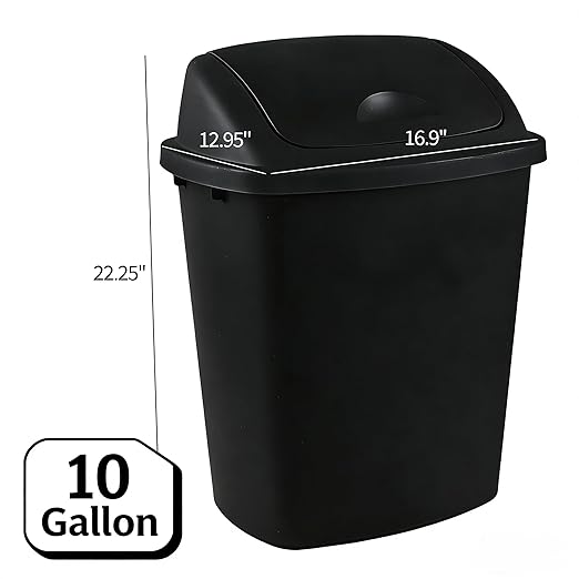 10 Gallon Plastic Garbage Bin with Lid Swing Top Waste Container Kitchen Trash Can with Swing Lid Black 4 Packs
