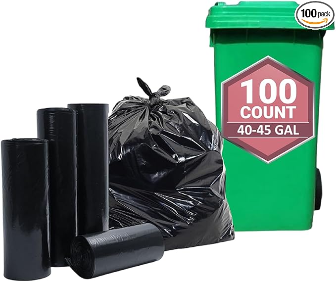 40-45 Gallon Heavy Duty Black Trash Bags 100 Count 40in x 46in x 1.5mil - Unscented Garbage Bags for Commercial Lawn Leaf and Contractor Use
