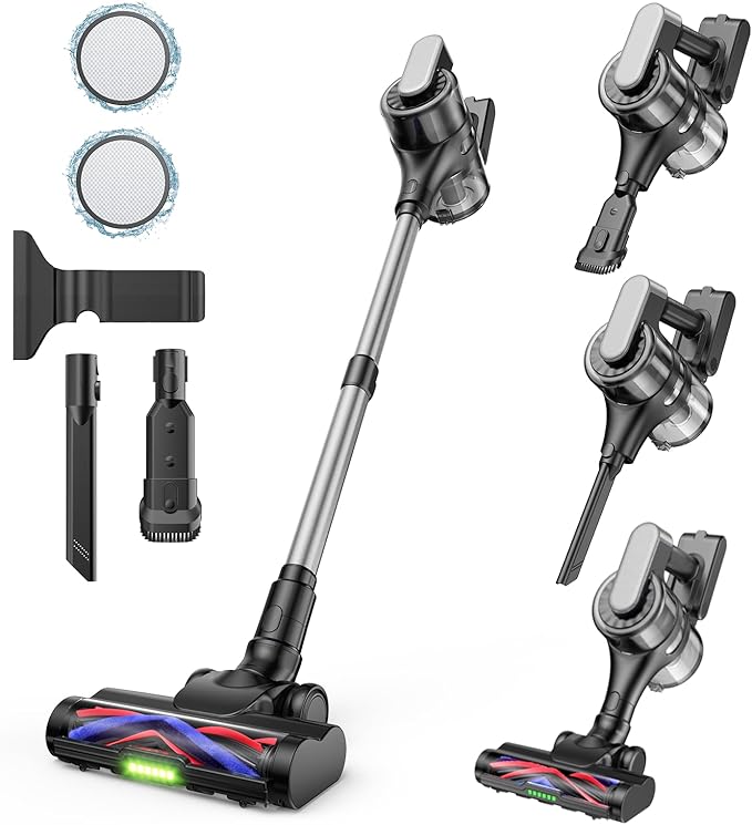 Cordless Stick Vacuum Cleaner – 3-in-1 Brush Roll for Hard Floors and Carpets 55 Min Runtime Rechargeable Lightweight Vacuum with Green LED Headlight for Pet Hair and Dust Cleaning