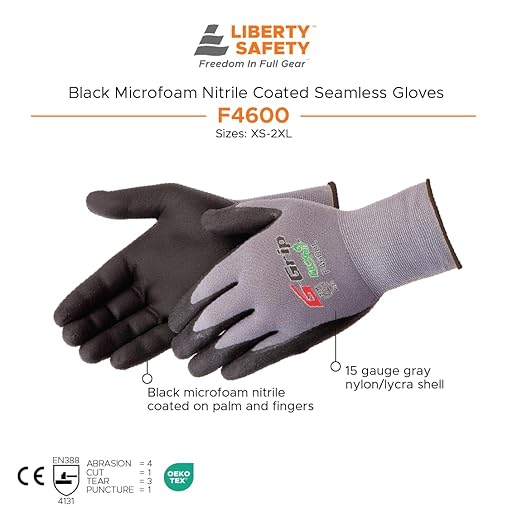 Liberty F4600 G-Grip Micro-Foam Nitrile Palm Coated Seamless Gloves with 15-Gauge Nylon Shell | Ideal for Automotive Manufacturing General Purpose | Gray/Black Large (Pack of 12)