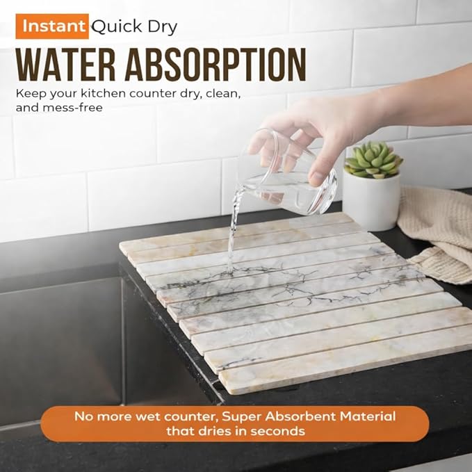 Large Stone Dish Drying Mat for Kitchen Counter 24(L)×16(W) – in Super Absorbent Diatomaceous Earth Drying Stone Quick-Dry &amp Collapsible for Dishes Bottles &amp Cups (White &amp Gold)