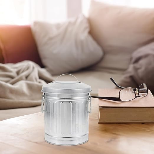 Zerodeko Trash CanCute Traditional Mini Metal Trashcan On The Desktop Decorative Galvanized Bucket Multifunctional Organizer &amp Flower Pot for Home Office Bathroom and Cabin (Silver 5.1 x 7