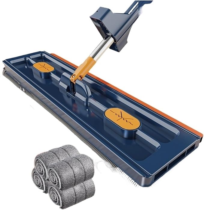 Flat Mop with 4 Reusable Microfiber Pads Adjustable 130cm Handle 360° Swivel Head for Hardwood and Tile Floors (42x12cm Ivory/Blue)(Deep sea Blue)