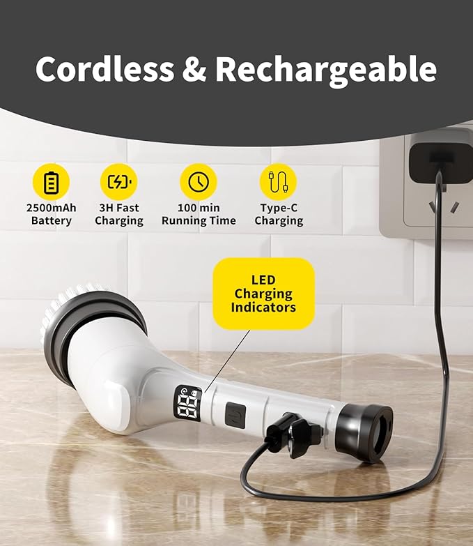 Electric Spin Scrubber Cordless Household Cleaning Brush with 6 Replaceable Heads 3 Speeds LED Display Lightweight Handheld Power Scrubber for Cleaning Stove/Bowl/Sink/Corner/Tile/Grout-White