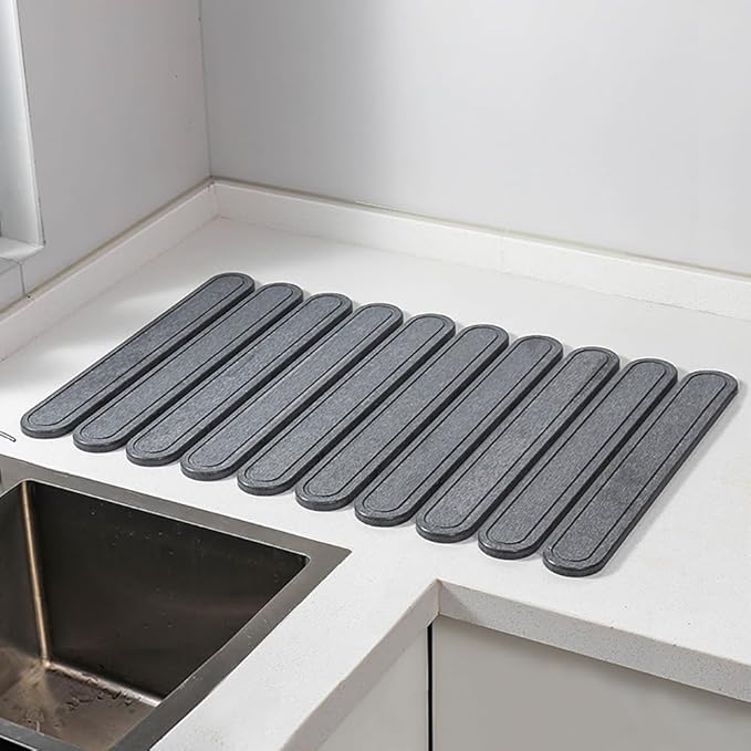 Stone Dish Drying Mat for Kitchen Counter Large Foldable Countertop Mat Quick-Dry Non-Slip Diatomaceous Absorbent Pad for Dishes Dinnerware Glassware &amp Cookware (Dark Grey 24(L)×16(W))