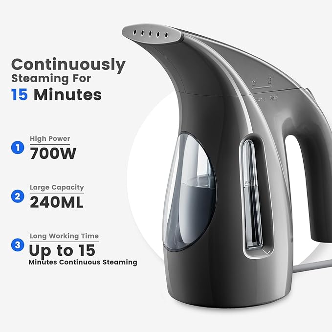 HiLIFE Steamer for Clothes Portable Handheld Design 240ml Big Capacity 700W Strong Penetrating Steam Removes Wrinkle for Home Office(ONLY FOR 120V)-Black