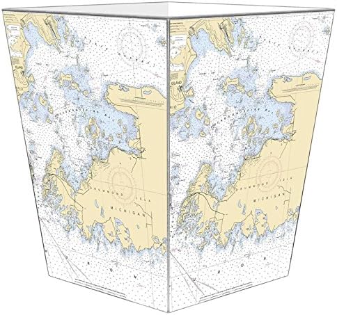 Marye-Kelley-Drummond Island Nautical Chart Wastepaper Basket Decoupage Wood Decorative Wastebasket for Kitchen Bathroom Bedroom Living Room Handmade Made in The USA