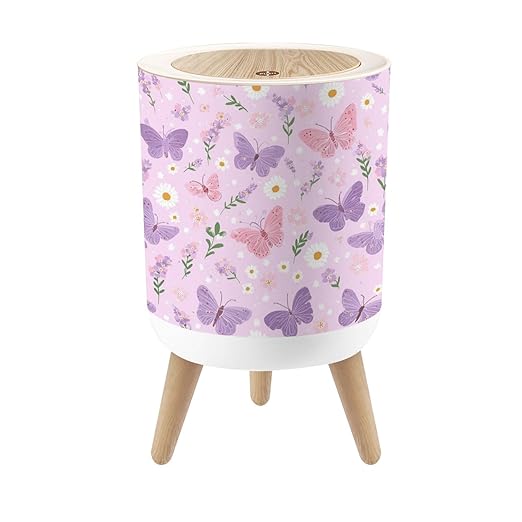 Bathroom Trash Can with Lid Pink Purple Butterfly Daisy Flower Spring Seamless Garbage Bin Waste Basket for Kitchen Office Bedroom Decoration Diaper Pail 1.8 Gallon