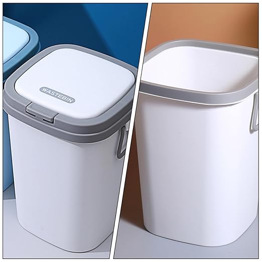 Press-Top Trash Can with Lid 13L Grey Plastic Wastebasket for Bathroom Kitchen Living Room Design Small Garbage Bin for Home Organization