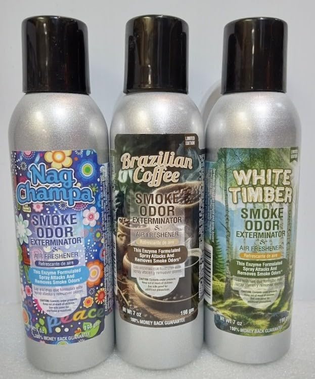 Smoke Odor Exterminator 198 gm/ 7 oz Large Spray Set of Three Cans Nag Champa include White Timber &amp Brazilian Coffee.