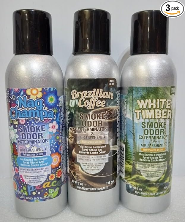 Smoke Odor Exterminator 198 gm/ 7 oz Large Spray Set of Three Cans Nag Champa include White Timber &amp Brazilian Coffee.