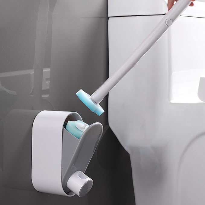 Wall Mounted Toilet Brush - Sponge Toilet Scrubber Kit Refillable Cleaner | Replaceable Head Anti Rust Stain Remover Product for Toilets Bowl Bathroom Cleaning 16 Refill Pads Hygienic Sanitation