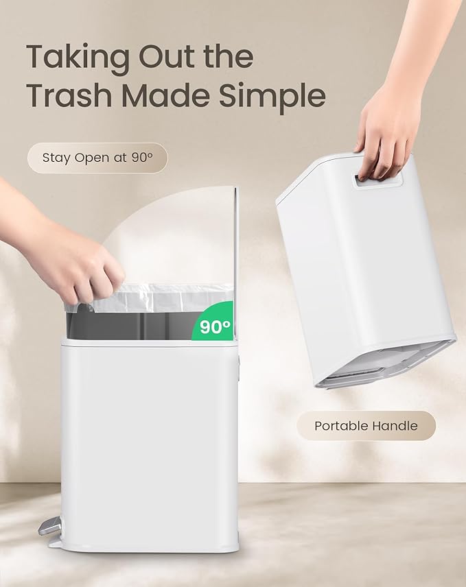 Cesun Small Bathroom Trash Can with Lid Soft Close Step Pedal 5 Liter / 1.3 Gallon Stainless Steel Garbage Can with Removable Inner Bucket Waste Basket for Bathroom Bedroom (White)
