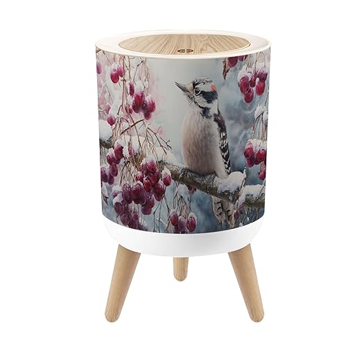 Bathroom Trash Can with Lid Abstract Woodpecker Snowy Cherry Branch Snow Red Berries Winter Garbage Bin Waste Basket for Kitchen Office Bedroom Decoration Diaper Pail 1.8 Gallon