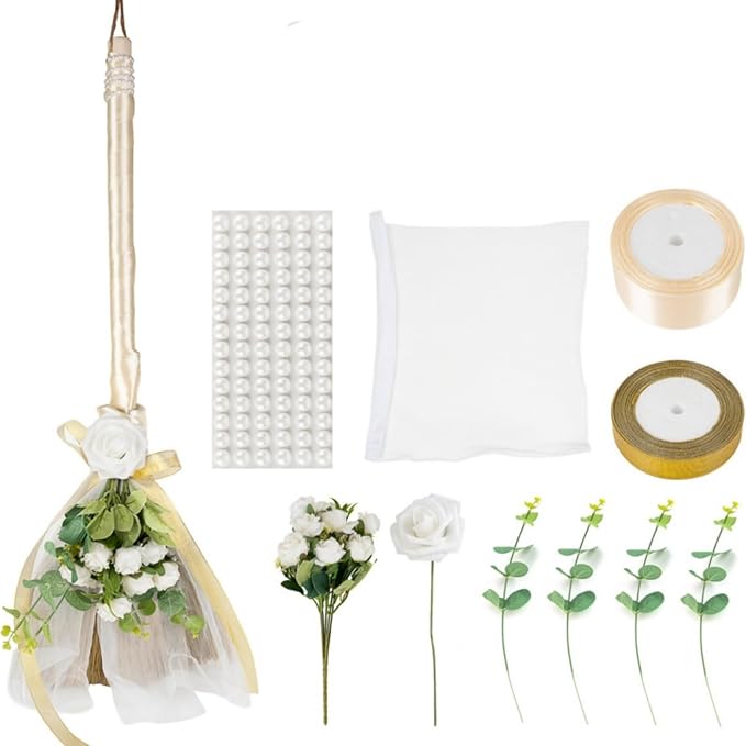 Wedding Broom African Jumping Ceremony Decorative Broom DIY Wedding Decor White Tulle Accents with Pearl Gold Ribbon Artificial Flower Bouquets