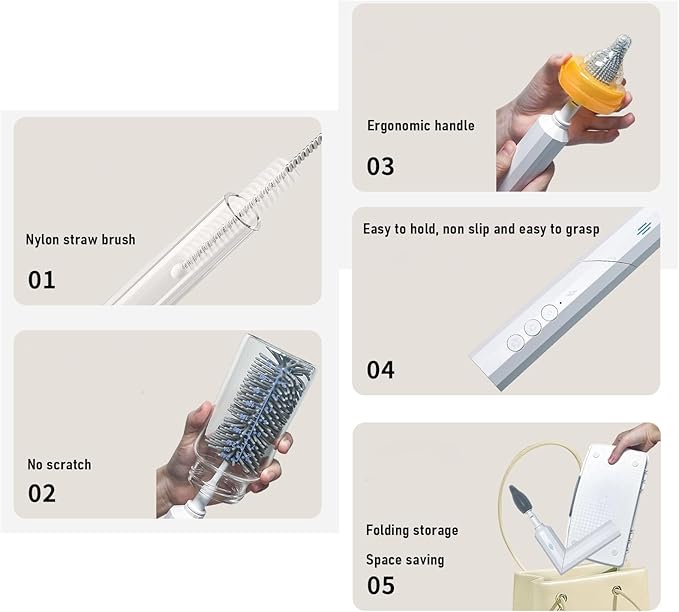Electric Bottle Brush Set 3 Adjustable Speed Bottle Brushes for with Long Handle IPX7 Water Rechargeable Portable Electric Cleaner for Home Travel