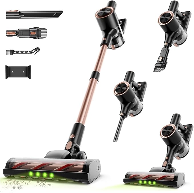 Cordless Stick Vacuum Cleaner - 45KPA Powerful Suction Vacuum with 45 Min Runtime Detachable Battery Anti-Tangle &amp 1.5L Dust Cup 8 in 1 Vacuum Cleaner for Pet Hair Carpet HardFloor Pink