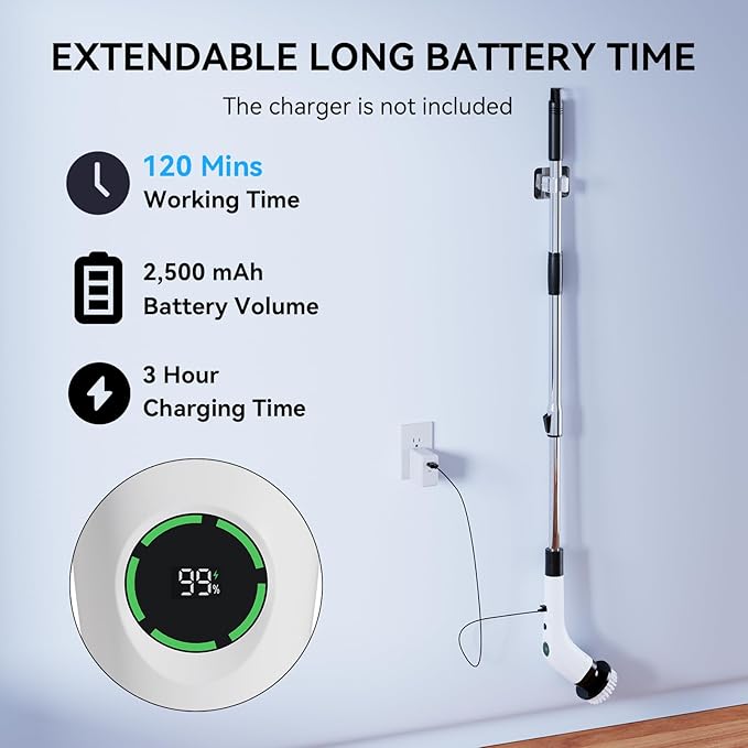 Electric Bathroom Cleaning Brush Cordless Spin Scrubber Full Body Waterproof IPX7 with Adjustable Handle 8 Replaceable Brush Heads for Bathtub/Kitchen/Window/Home -SD-CTB01